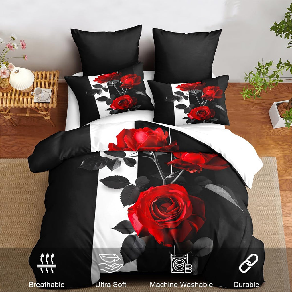 Rose Comforter Set King Black Red Bedding Set Striped Floral Bedding for Women Aesthetic Comforter with 2 Pillowcases