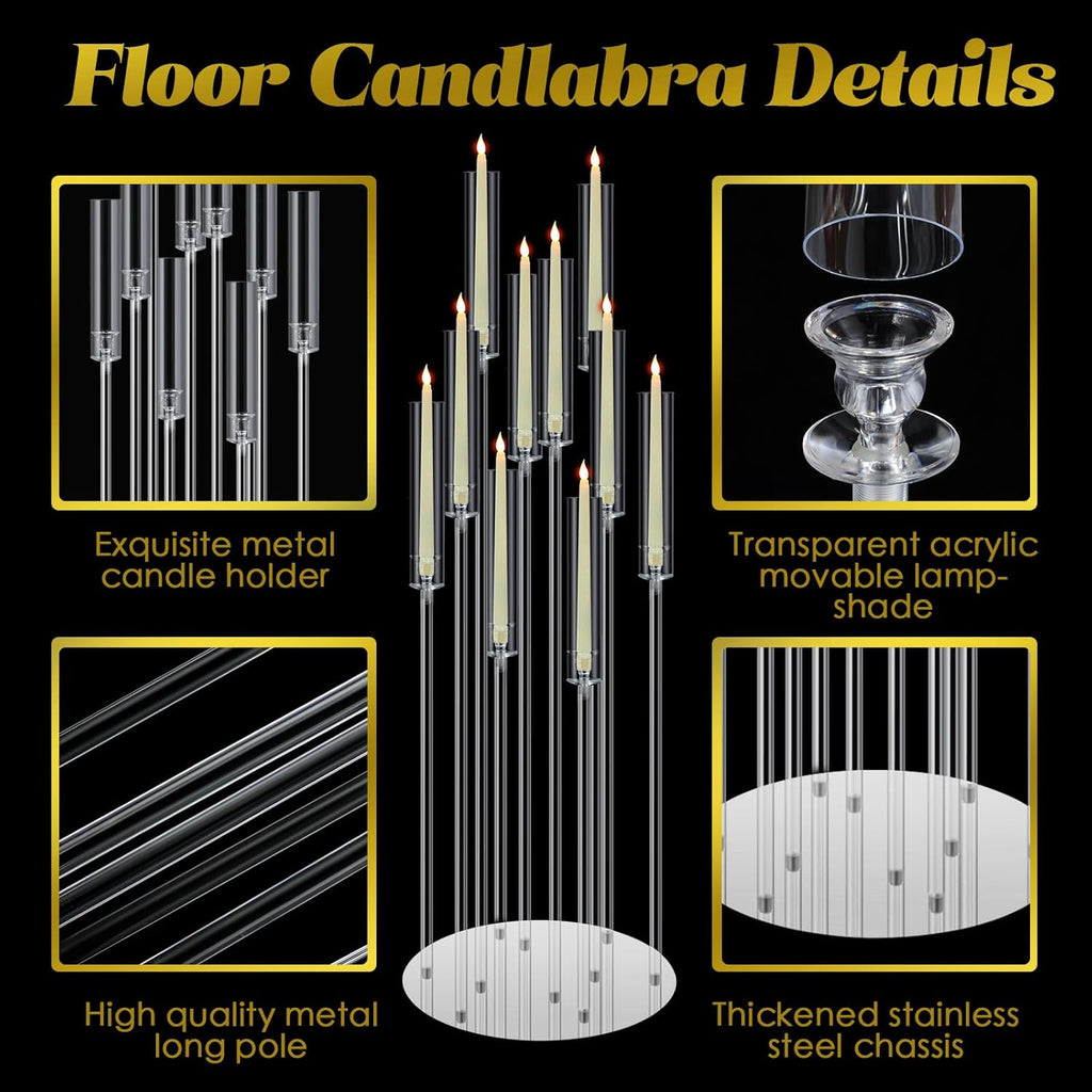 Tessco 4 Pcs 10 Arm 46.5 Acrylic Candelabra Table Centerpiece Floor Candelabras Clear Candle Holder with Removable