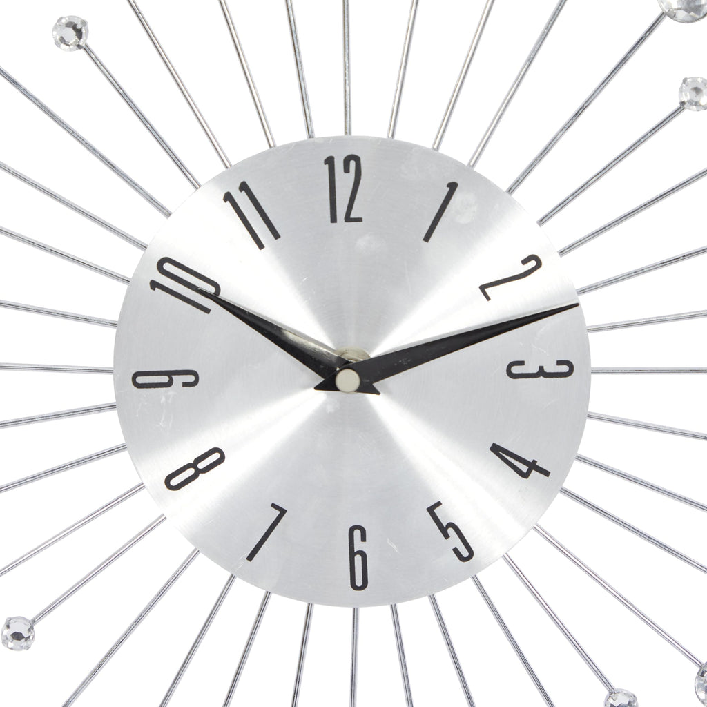 Metal Starburst Decorative Wall Clock With Crystal Accents and Room, 15" x 2" x 15", Silver