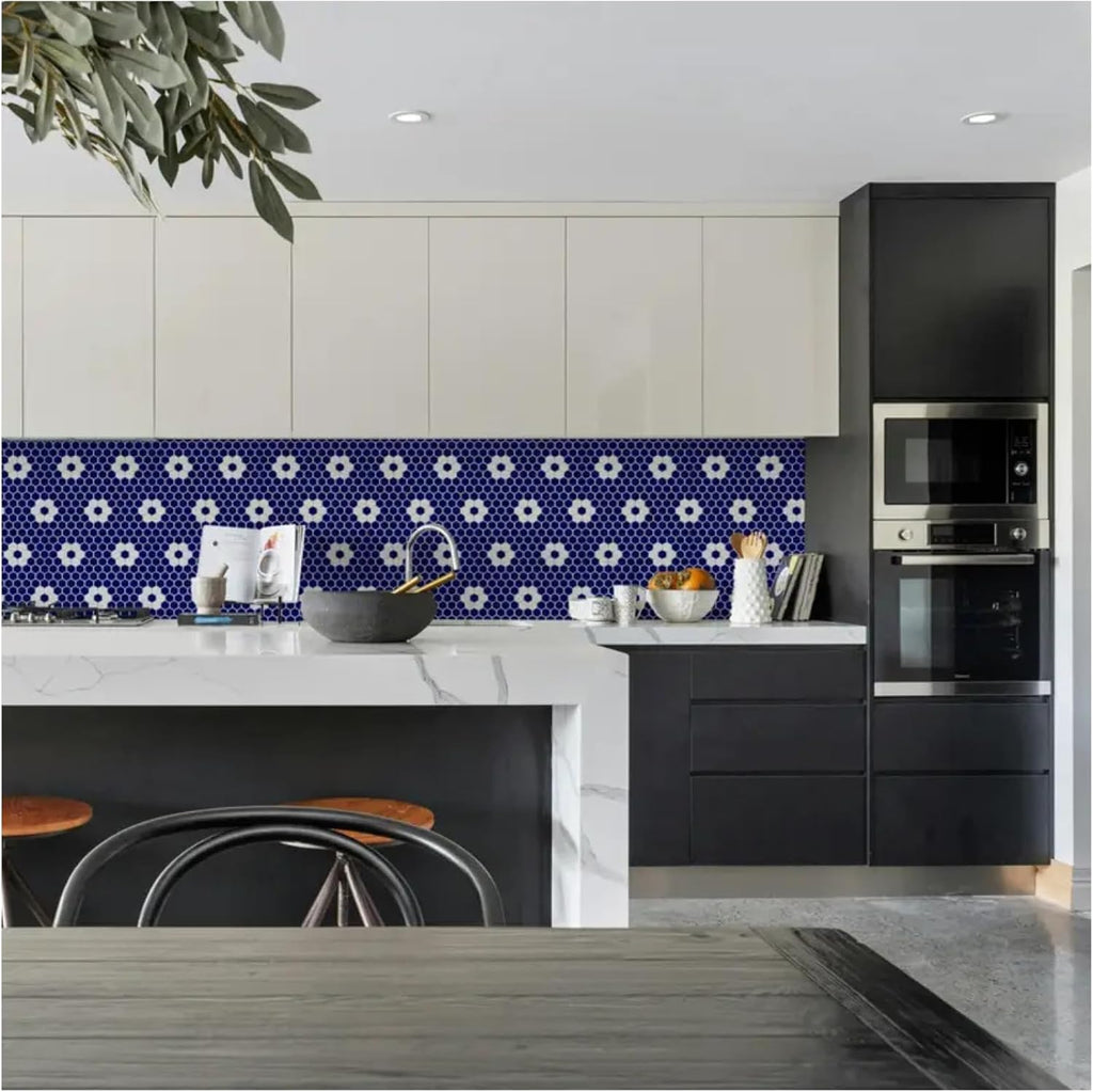 Hexagon Glossy Cobalt Blue with White Flower Pattern Porcelain Mosaic Tile - Wall & Floor Tile for Backsplash