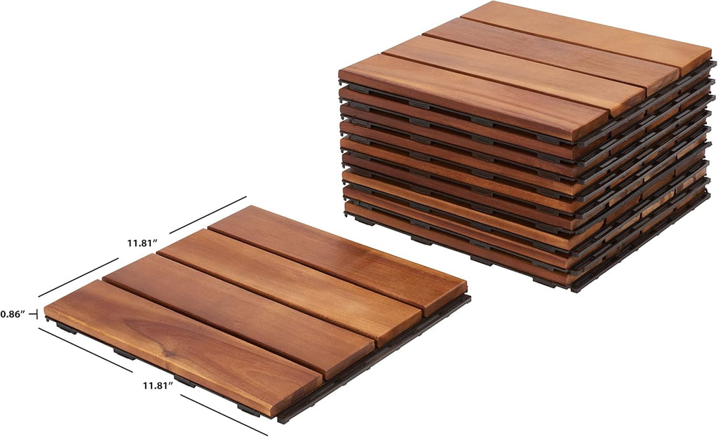 Outdoor Collection Phuket Natural Acacia Wood 4-Slat Interlocking Floor Tile Patio Deck 12 x 12-inch (Set of 10)