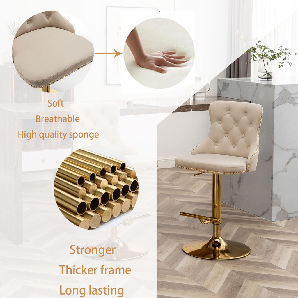Velvet Bar Stools Set of 2, Counter Height Bar Stools with Button & Nailheads Trim, Gold Swivel Barstools Island, Pub