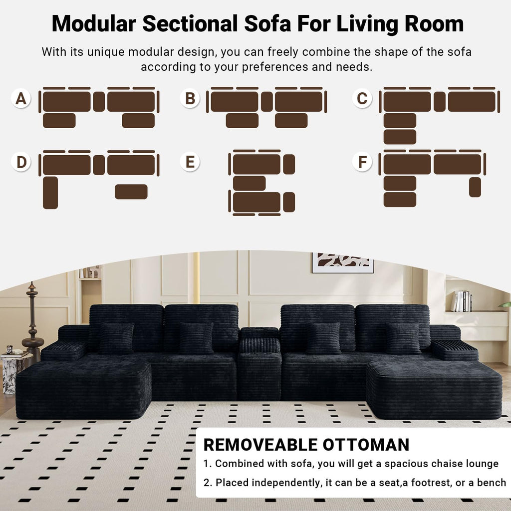 150" Oversized Black Boneless Sectional Couches w/ Storage