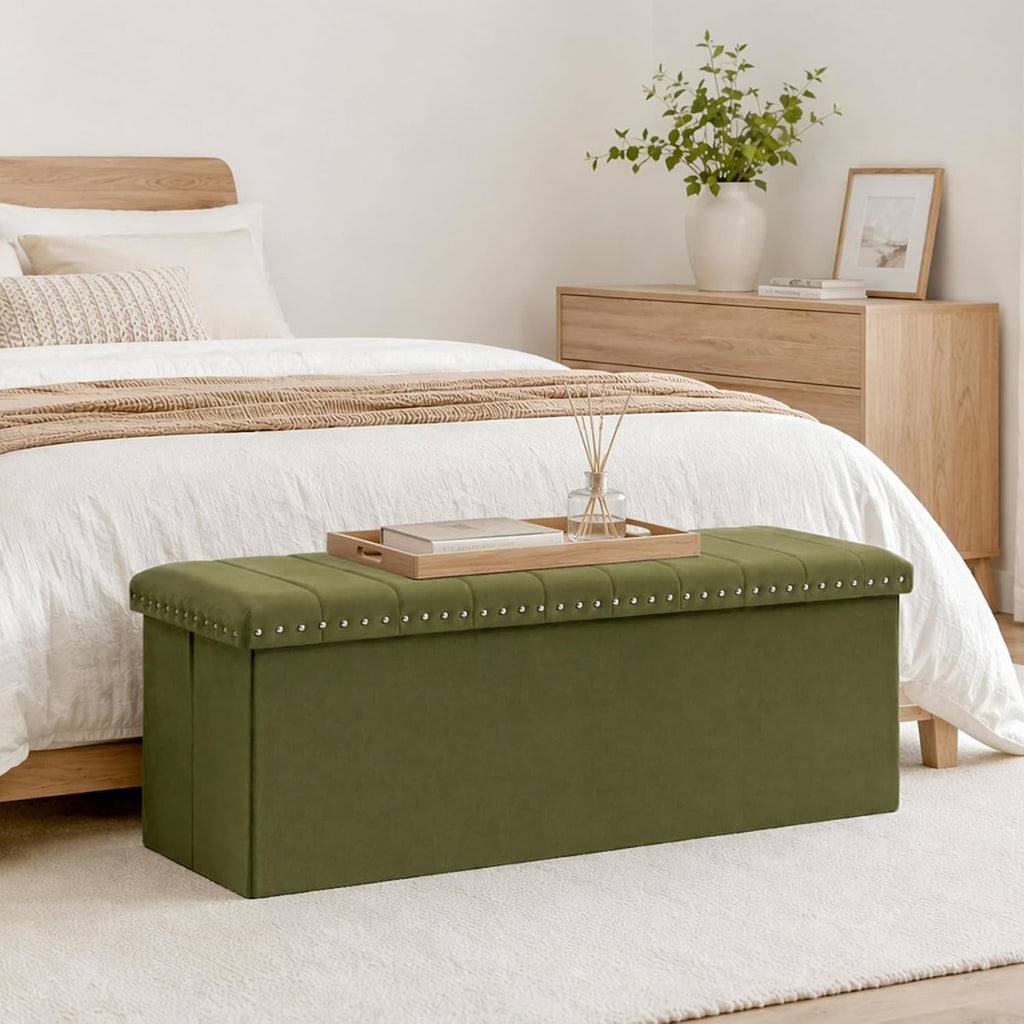 43 Inches Velvet Storage Ottoman Bench | Folding Upholstered Ottoman with Storage , End of Bed, 140L Capacity
