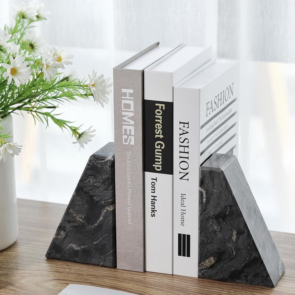 Marble Bookends for Heavy Books, Decorative Book Ends for Shelves, Titanium Black Stone Durable and Heavy-Duty Book