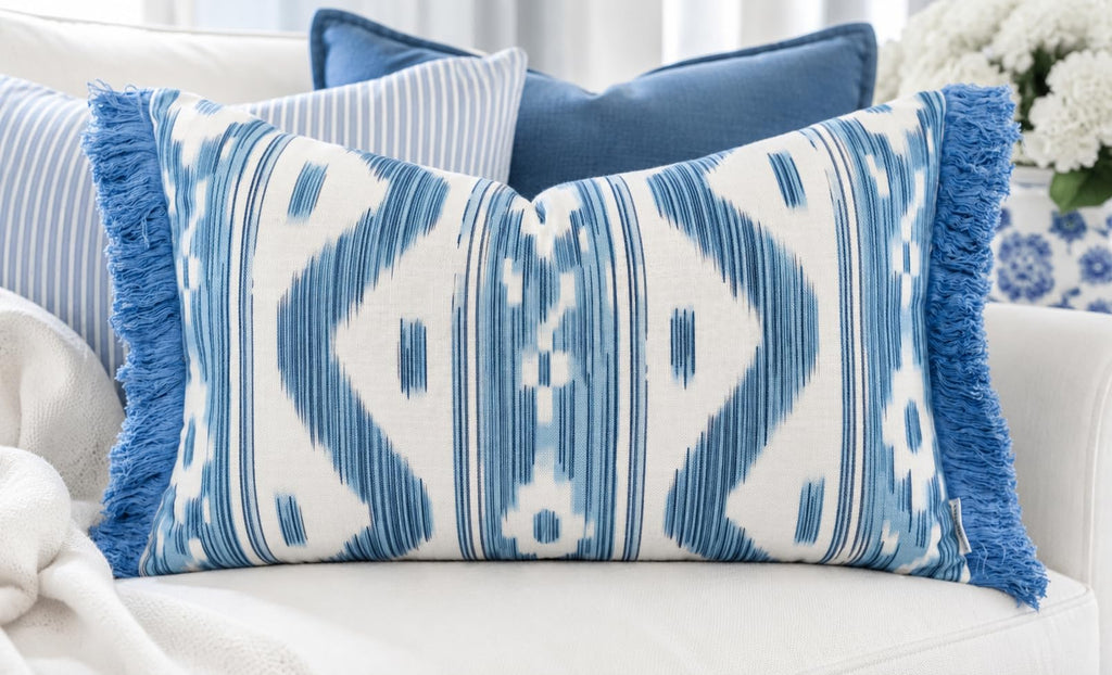 Ikat Diamond Print Lumbar Pillow Cover 12x20, Blue