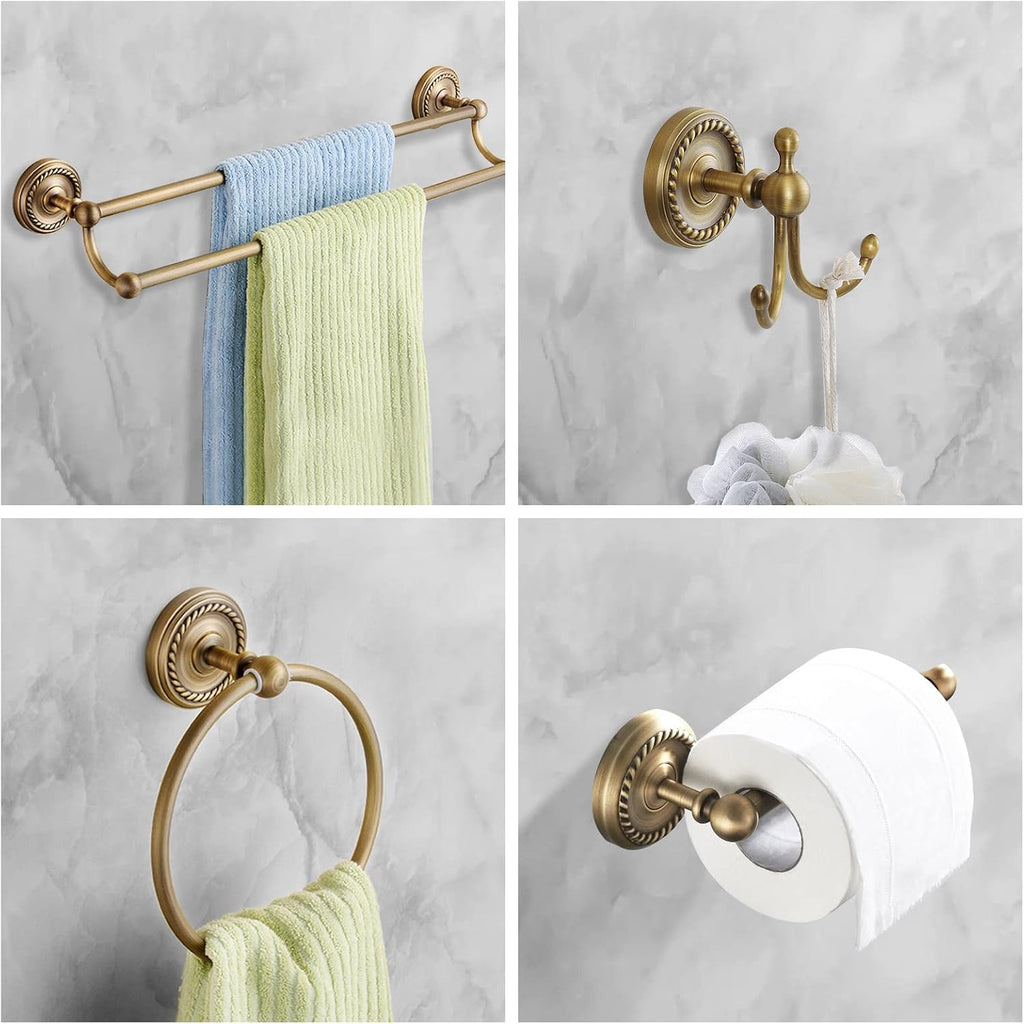 4 Piece Antique Brass Gold Bathroom Accessories Set - 24" Towel Holder, Antique Bar Brass Bath Accessories - Wall