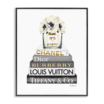 Blooming White Floral Display on Glam Designer Bookstack Wall Art, 11 x 14, Black Framed