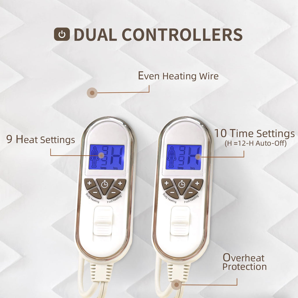 Premium Multi-Zone Electric Heated Mattress Pad, 78" x 80", Dual Controllers, 9 Heat Settings, 1-12 Hours