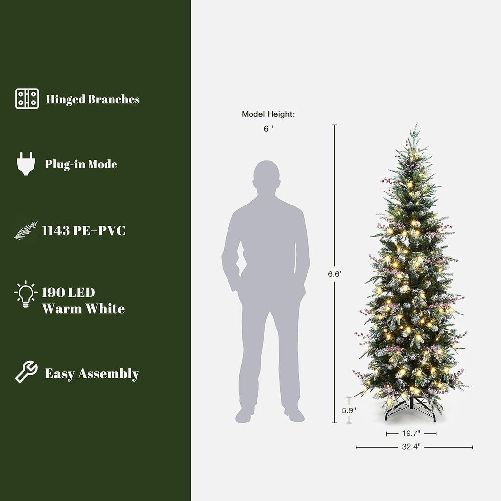 LuxenHome 6.5FT Slim Christmas Tree, Prelit Skinny Artificial Christmas Tree with 190 LED Lights, Realistic Pencil