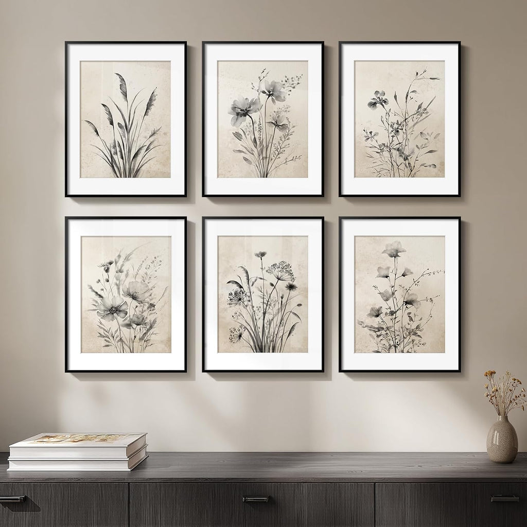 Framed Boho Vintage Botanical Wall Art, Set of 6 Black and White Floral Canvas Painting Prints with Mat for Farmhouse