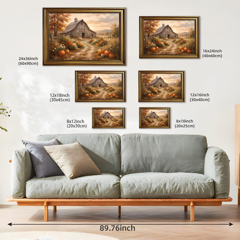 Retro Gold Frame Autumn Farmhouse Wall Art Rustic Barn Canvas Print Poster Pumpkin Field Landscape Painting Vintage