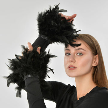 Turkey Feather Gloves Wrist Cuffs Natural Fluffy Feather Trim Fringe for Clothing DIY Dress Crafts Wedding - 2 Pcs