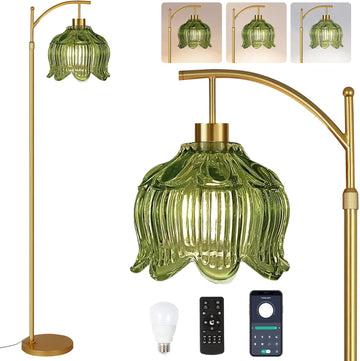 Glass Floor Lamp,Gold Dimmable Standing Lamp with Remote,Mid Century Modern Brass Tall Lamp Boho Vintage Floor Lamps
