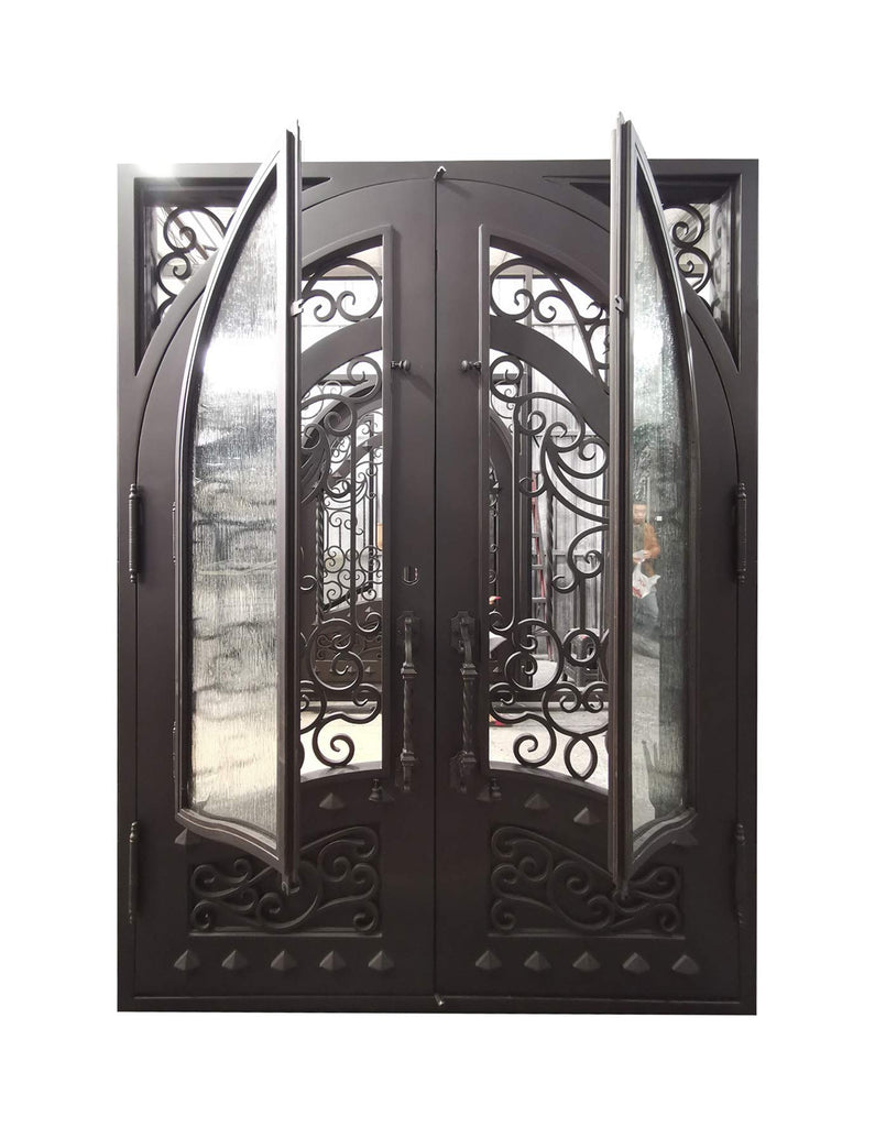 Canton Exterior Double Front Entry Door Wrought Iron with Operable Tempered Rain Glass Inside Swing Dark Bronze