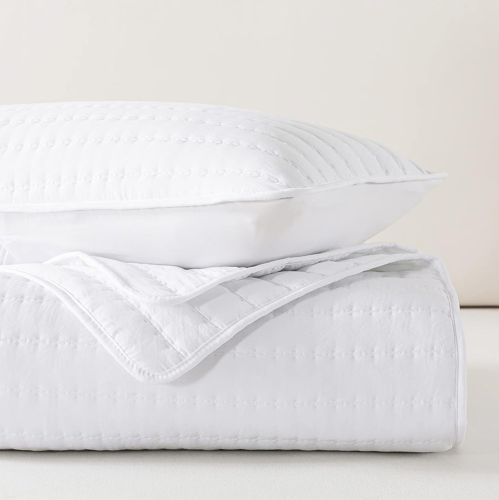 White Queen Quilt Bedding Sets with Pillow Shams, Full Lightweight Soft Bedspread Coverlet, Quilted Blanket Thin