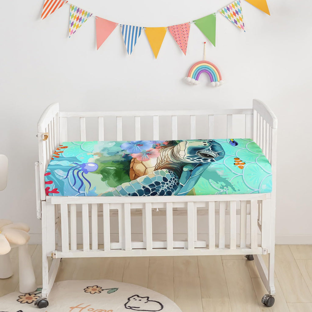 Crib Bedding Set,3pcs Nursery Cartoon Turtle Ocean Printed Crib Bedding Set,with Comforter Sheet & Skirt for Baby