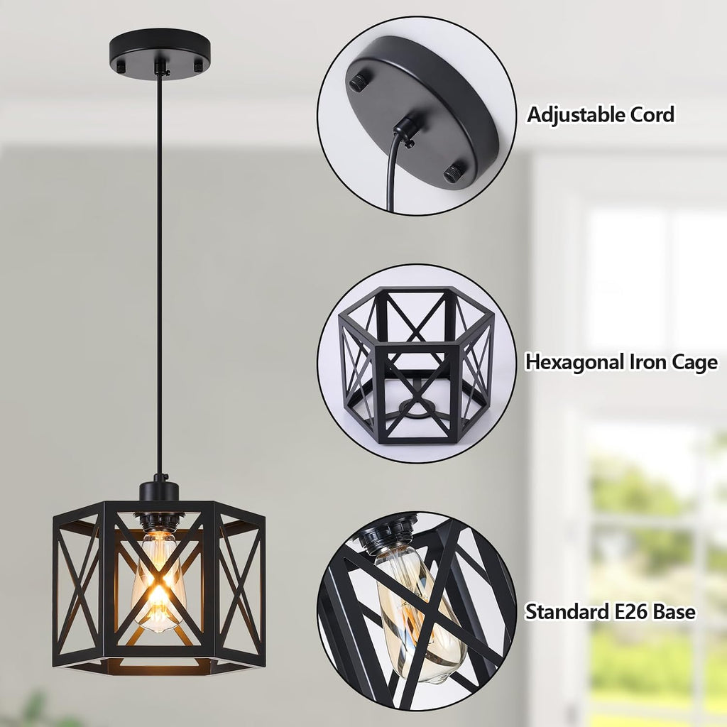 2 Pack Farmhouse Pendant Lights, Modern Black Hanging Light Fixture with Hexagonal Cage, Industrial Metal Ceiling