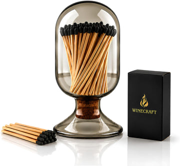 Includes Matches ! | Smoke Gray Glass Matches Cloche | Grey Tinted Decorative Match Holder Jar for Candles Set
