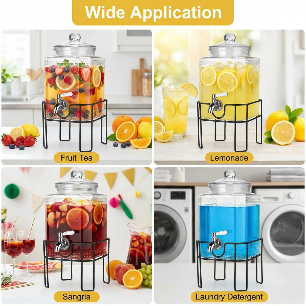 Drink Dispenser, Drink Dispensers for Parties, 1 Gallon Glass Beverage Dispenser with Stand and Glass Lid, 100%