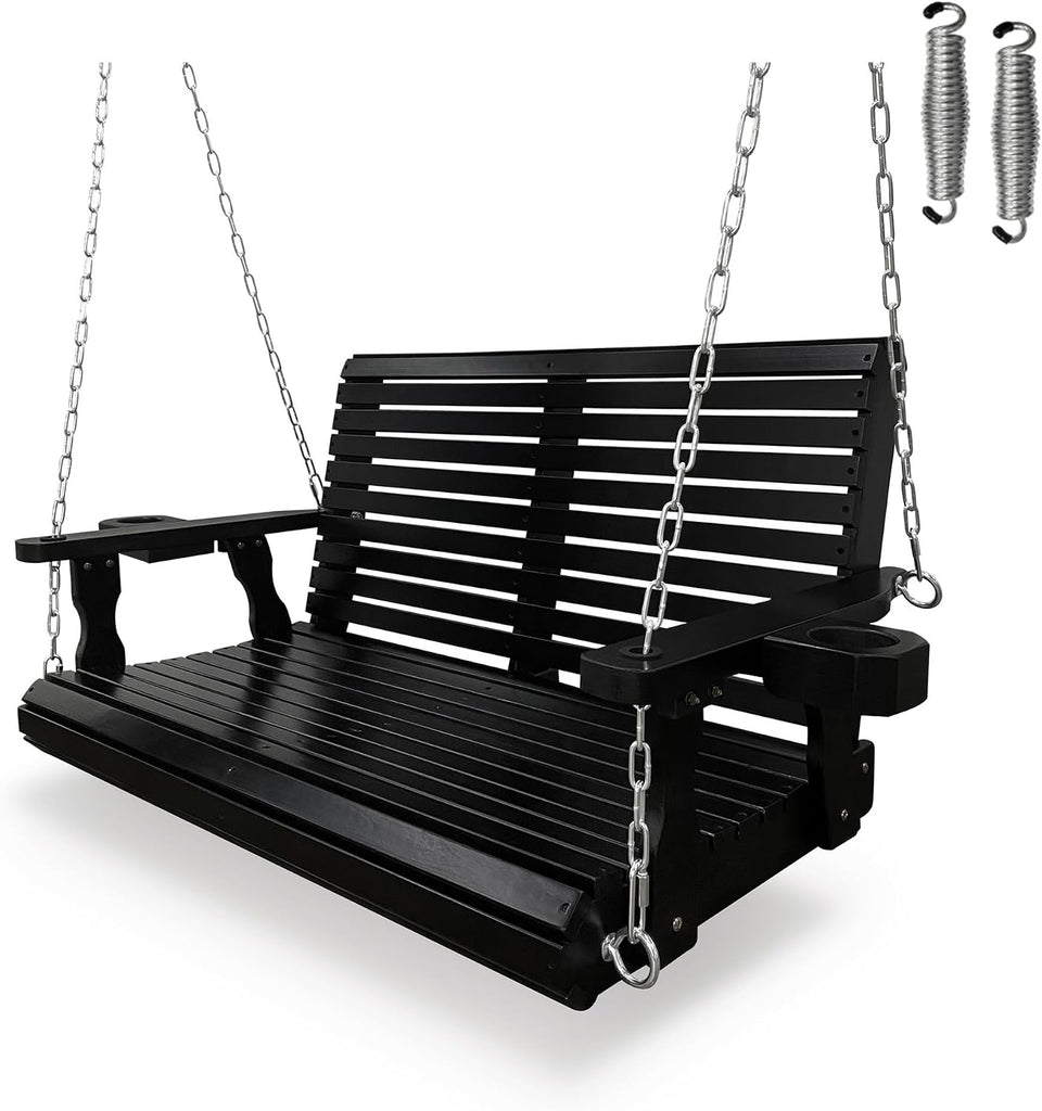 Wooden Porch Swing 2-Seater, High Backrest and Deep Seat, Bench Swing with Cupholders, Hanging Chains and 7mm