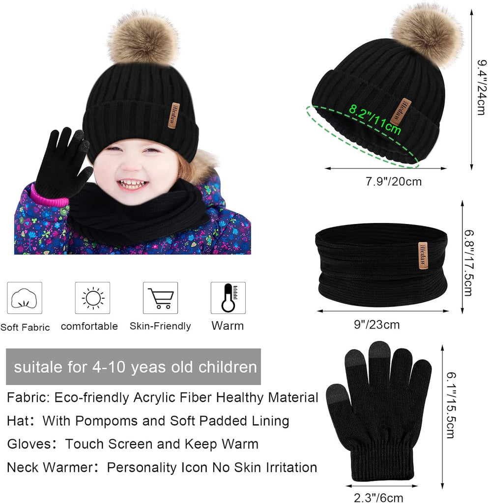 Kids Winter Hats Gloves Scarf Set Touchscreen Glove With Removable Pompom Fleece Lined Toddler Beanie Hat for Boy Girl