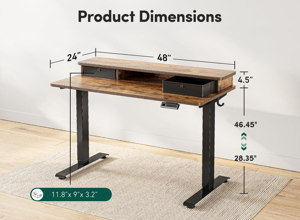 48 x 24 Inch Height Adjustable Electric Standing Desk with Double Drawer, Stand Up Table with Storage Shelf, Sit