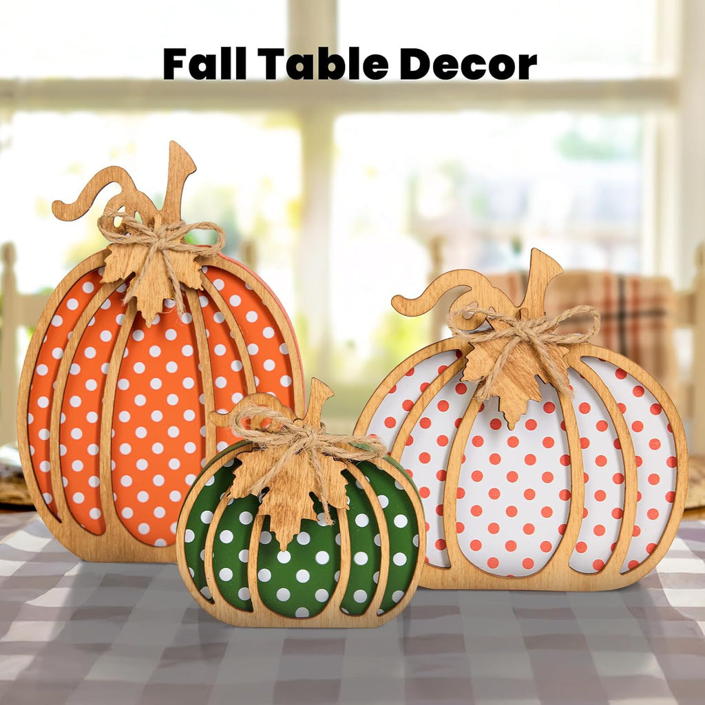Fall Decorations, 3-Piece Wooden Pumpkin Fall Decor, Rustic Farmhouse Indoor Autumn Thanksgiving Decorations - Set of 3