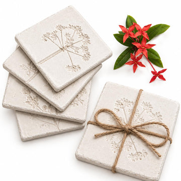Ceramic Coasters Set of 4 with Holder, White Vintage Engraved Floral