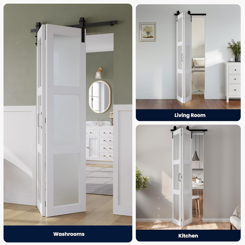 36in x 84in Bifold Barn Door, Frosted Glass Barn Door with Hardware Kit Included, Pre-Drilled Holes 