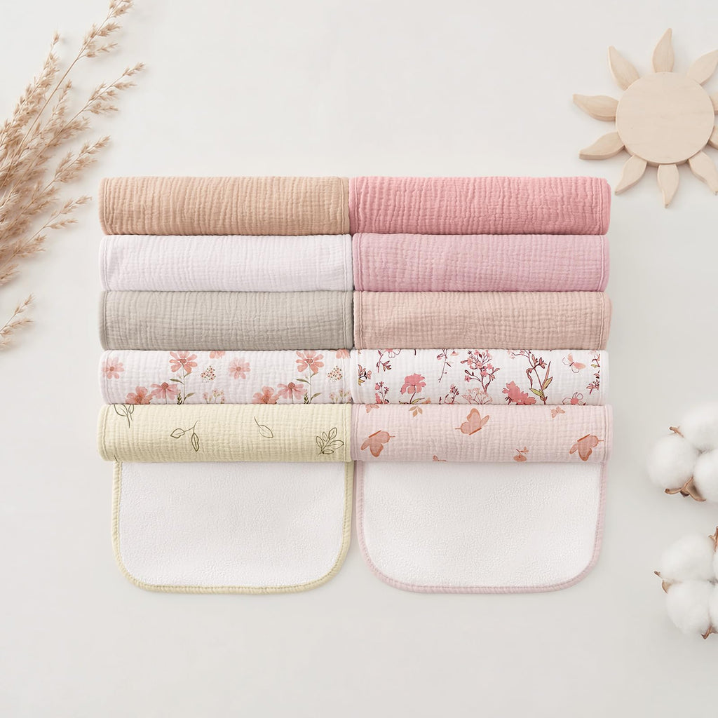 10 Pack Muslin Burp Cloths, 20"×10" Absorbent Baby Burping Cloths