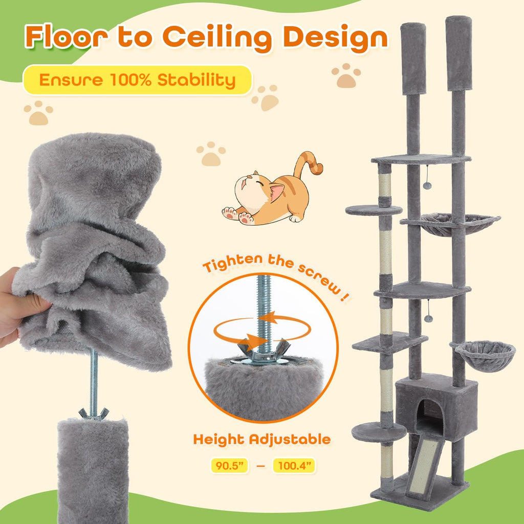 Floor to Ceiling Cat Tree, Height Adjustable 90.5-100.4'', Grey