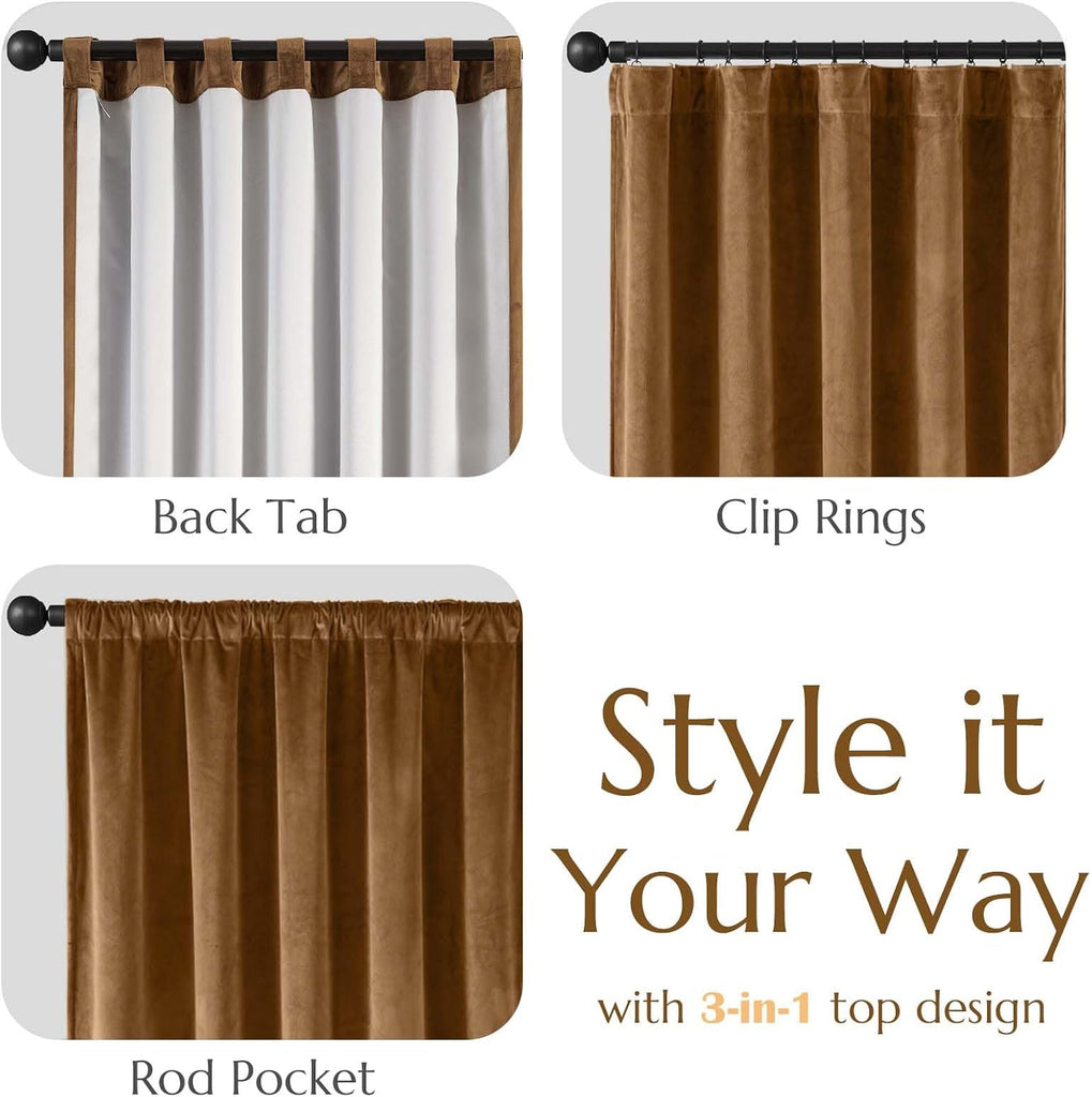 Gold Brown Blackout Velvet Curtains 84 Inch Long Thermal Insulated Room Darkening Curtain Drapes Luxury Back Tab