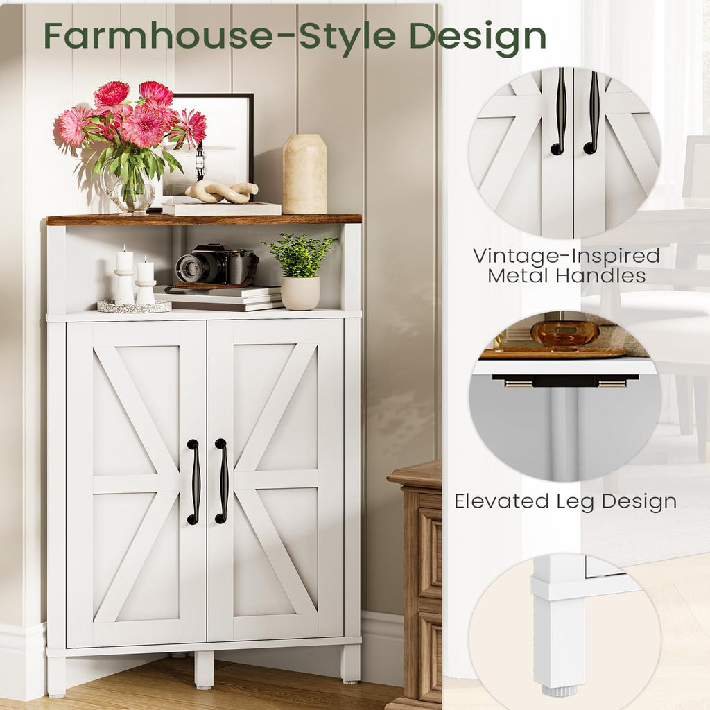 Farmhouse-Style Corner Cabinet, Corner Shelf with Open Storage, Double-Door Storage Cabinet, Twist-to-Lock Design