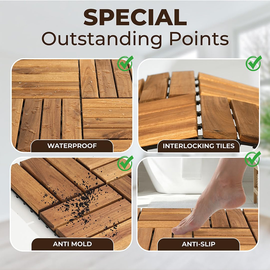 Premium Acacia Wood Interlocking Deck Tiles - Set of 9 pcs, 12"x12", Waterproof Outdoor Patio Flooring