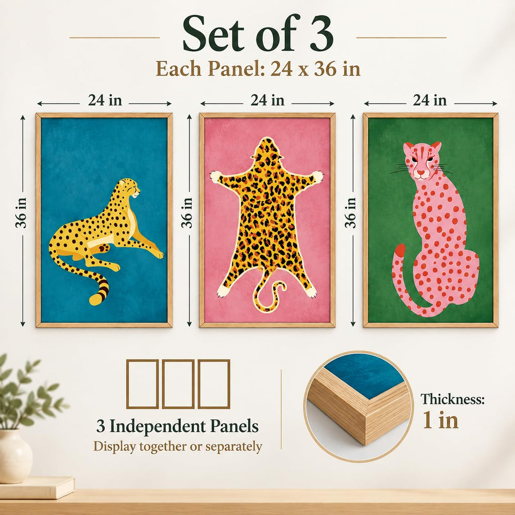 Animal Wall Art Set of 3, Large Framed Leopard Prints, 24 * 36 in