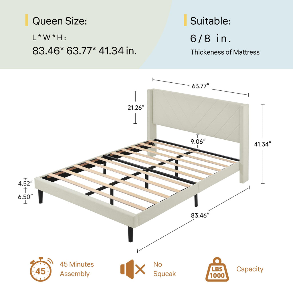 Upholstered Platform Bed Frame, Queen, White, Faux Leather, Button Tufted Headboard with Nailhead Trim, No Box Spring
