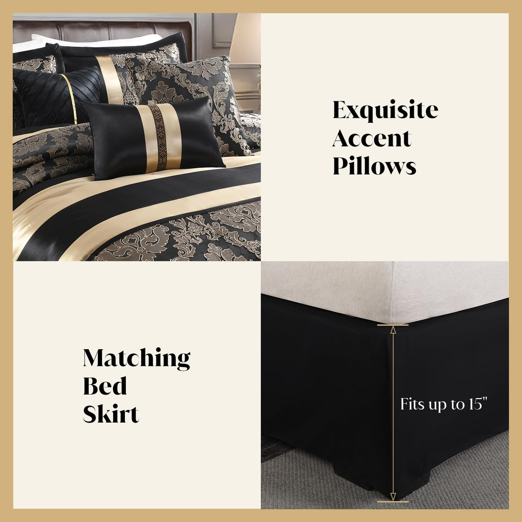 Black Gold Comforter Set, 7 Piece Luxury Damask Bed in a Bag