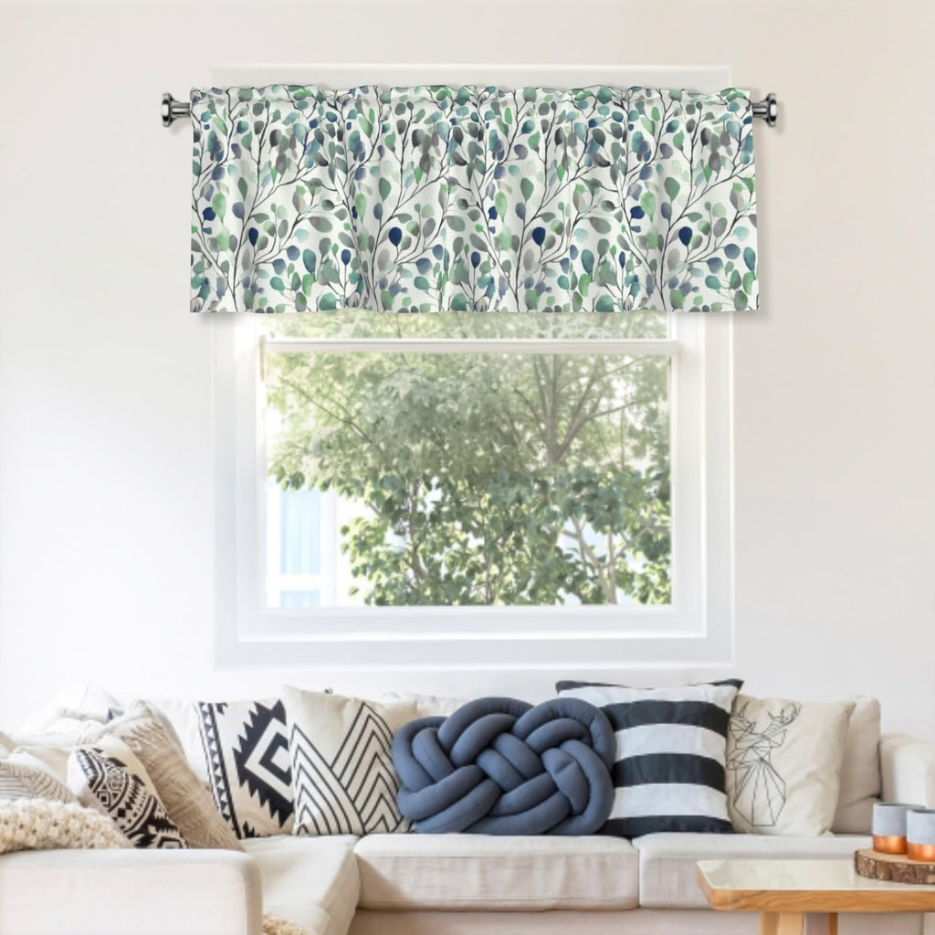 Spring Leaves Valances for Windows, Boho Kitchen Curtains Valances, Farmhouse Grey Green Branch Window Treatments