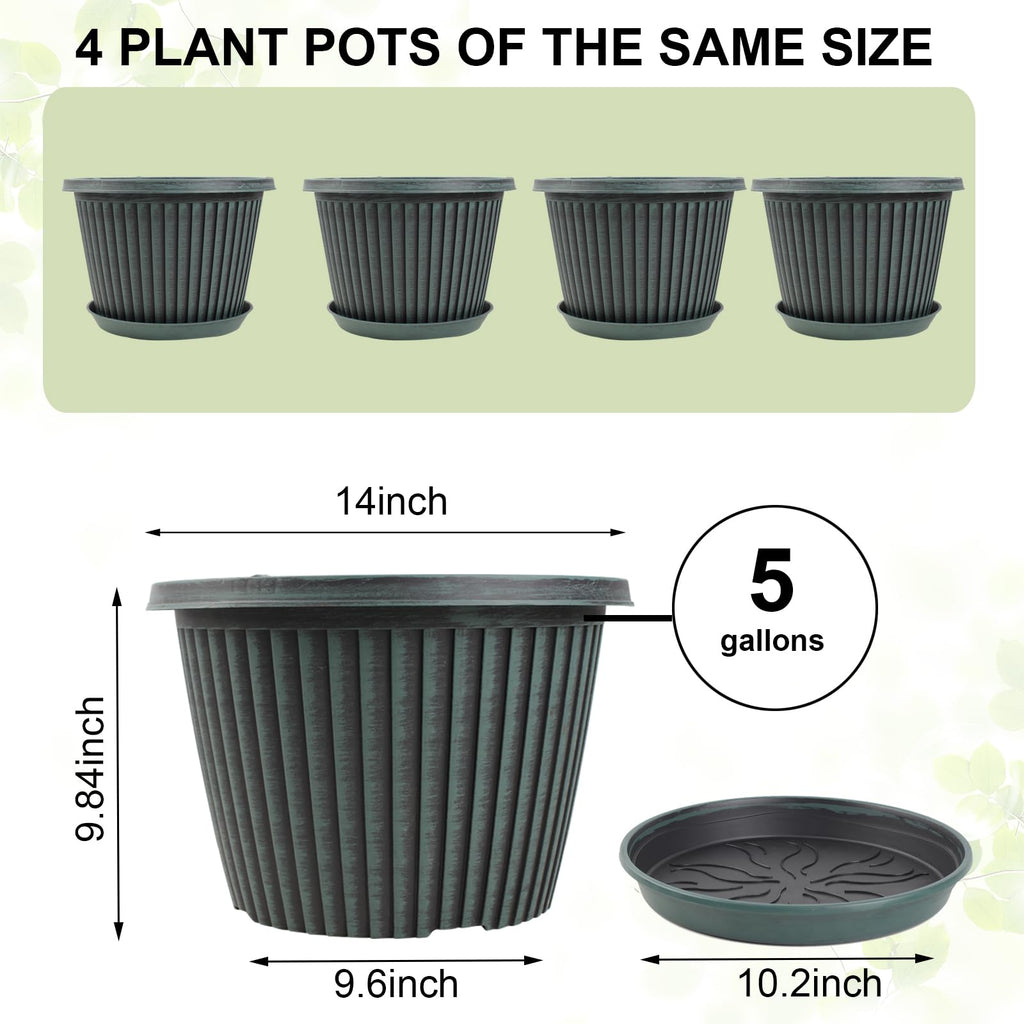 Large-Planter-Indoor-Outdoor Plant Pots, 14 inch 4 Pack Plastic Flower Pots with Saucer And Drainage Holes, Modern