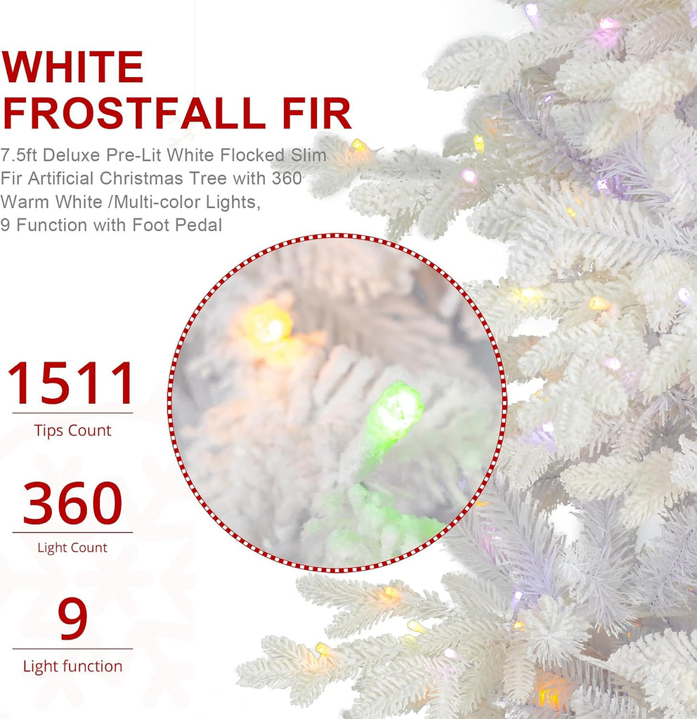 Prelit Artificial Christmas Tree, Slim Flocked Christmas Tree Elegant White Frostfall Fir with 1,486 Tips, 360