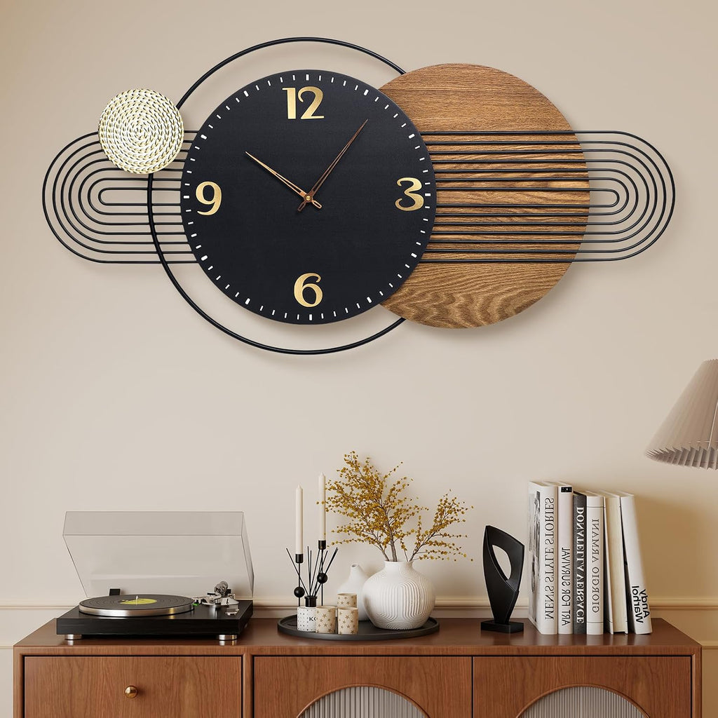 37.8x23 Inch Oversized Mid-Century Modern Wall Clock, Wood & Metal Frame, Silent Non-Ticking, Antique Brown & Gold