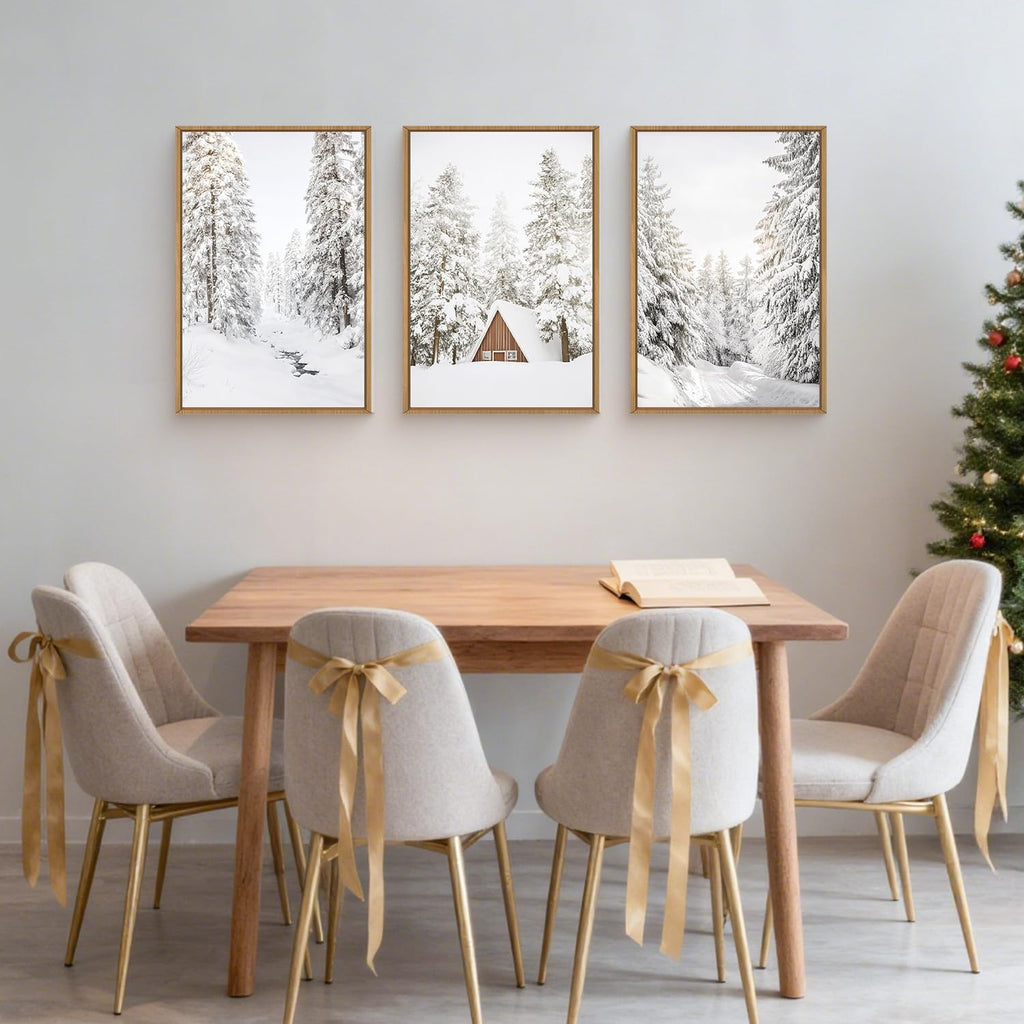 Christmas Snow Forest Framed Wall Art Set of 3, Large Winter Mountain Pine Tree Decor, Vintage White Cabin Landscape