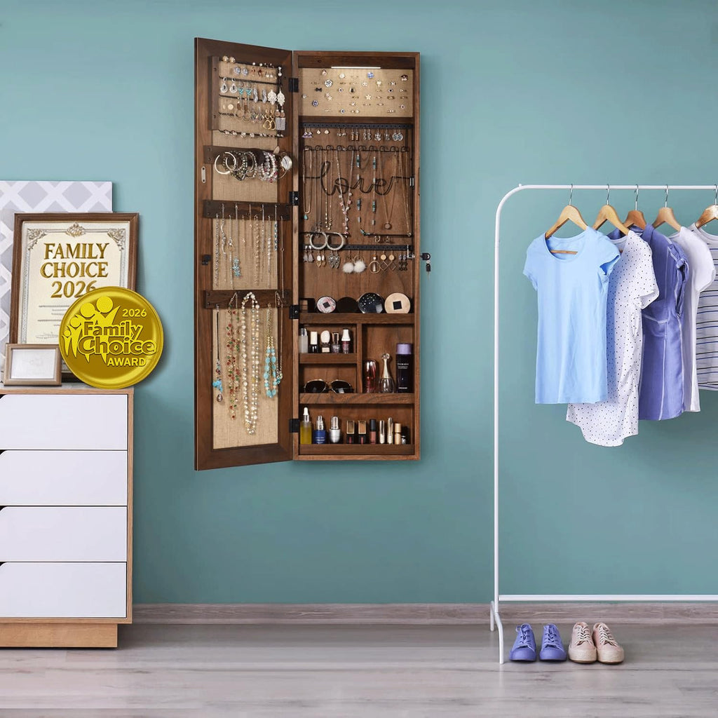 Dark Brown Jewelry Cabinet with Full Length Mirror, Solid Wood