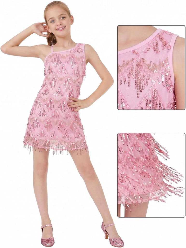 Girls One Shoulder Sequin Fringe Flapper Dress with Side Zipper