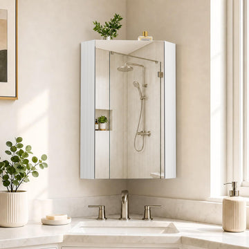Corner Bathroom Mirror Cabinet, White