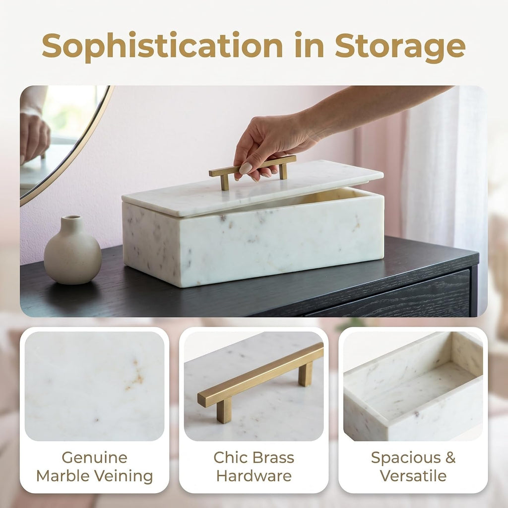 Modern White Marble Storage Box with Brass Handle, Stylish Accent Piece, Removable Lid, Ideal Organization, 11.7' X 7'