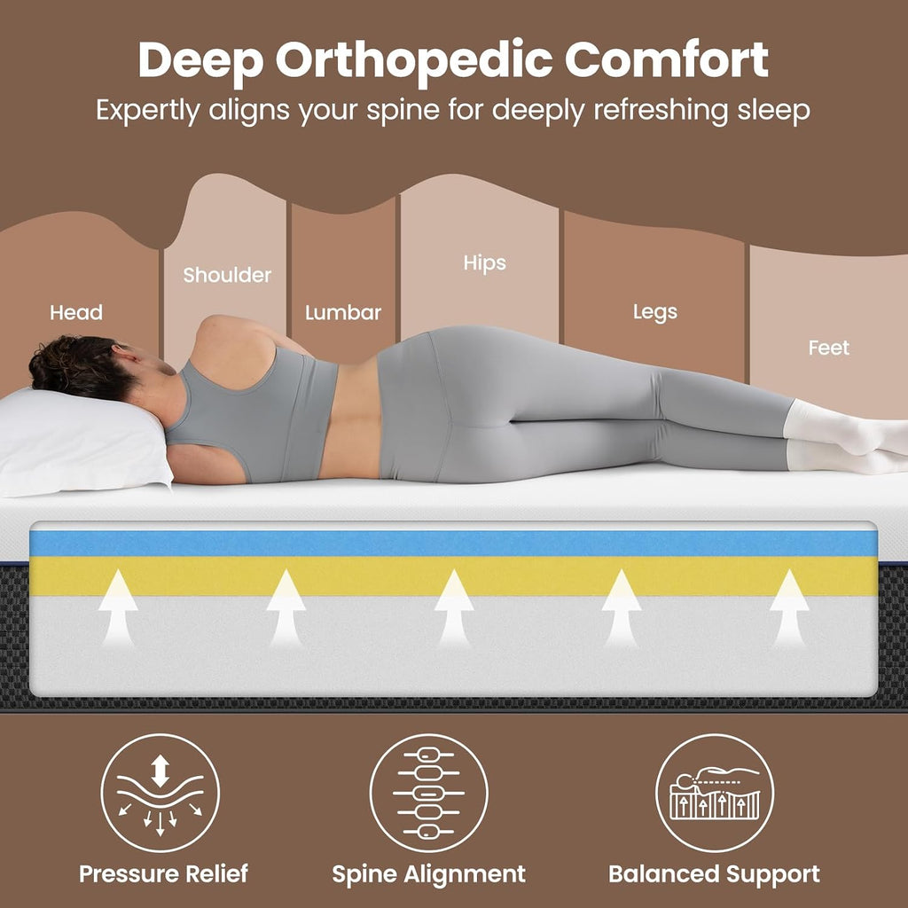 Firm Queen Size Mattress - 12 Inch Memory Foam Mattress with Orthopedic Lumbar Support - Low Motion Transfer & Deep