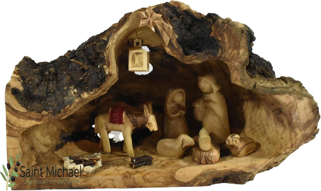 Nativity Scene in Manger Carved Inside of a Solid Piece of Olive Wood Branch - Christmas Tree Nativity Décor - Made