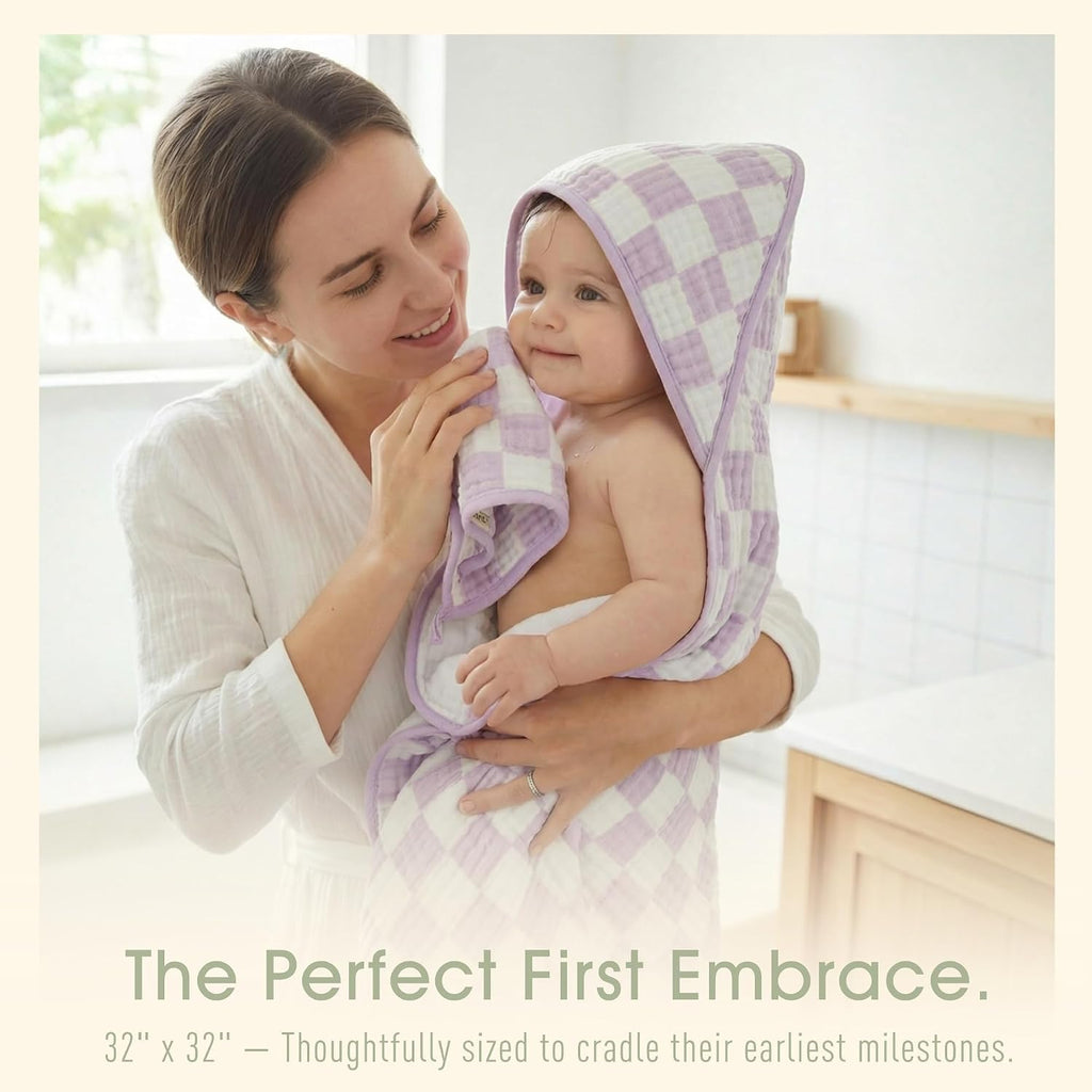 Muslin Baby Bath Towels Set Organic Cotton Blend (Purple Check)